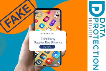 A mobile phone with lots of apps held in a hand.  The word fake in navy on an orange background.  Data Protection Education logo